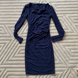 BCBG Blue Ruched Cowl Neck Long Sleeve Dress